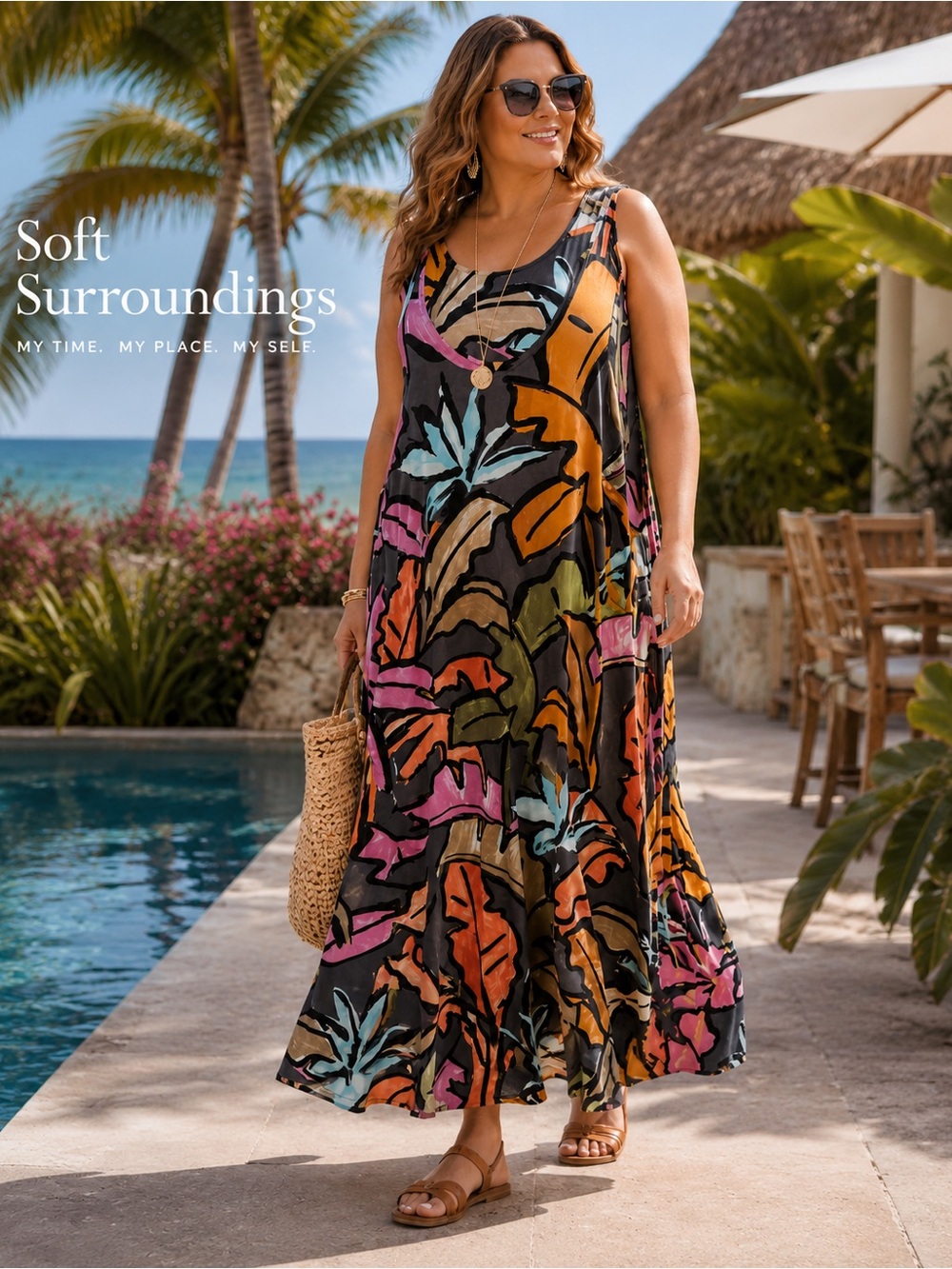 Soft Surroundings Joylyn Cinched Waist Maxi Dress 2X Tropical Palm Print Boho B2